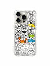 Dense kawaii tropical island character collage iPhone 15 pro Case, four-corner reinforced anti-drop phone casing, official PhoneCasing artist collection phone cover.