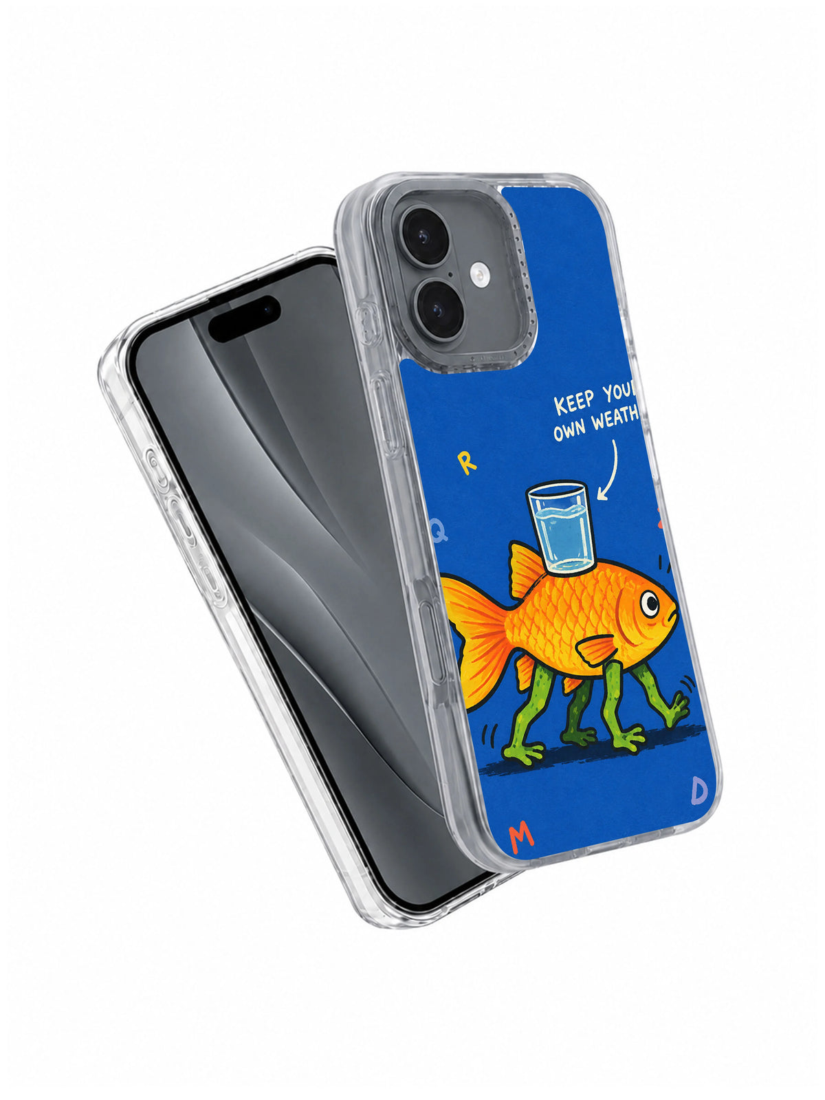 Angled front and back views of Keep Your Own Weather iPhone 16 case