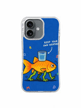 Front view of Keep Your Own Weather golden fish artwork on iPhone 16 case