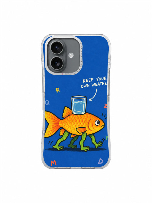 Golden fish with green legs carrying a glass of water on cobalt blue Keep Your Own Weather art