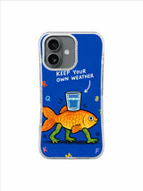 Orange fish with four green legs balancing water glass on blue hand-painted phone case art