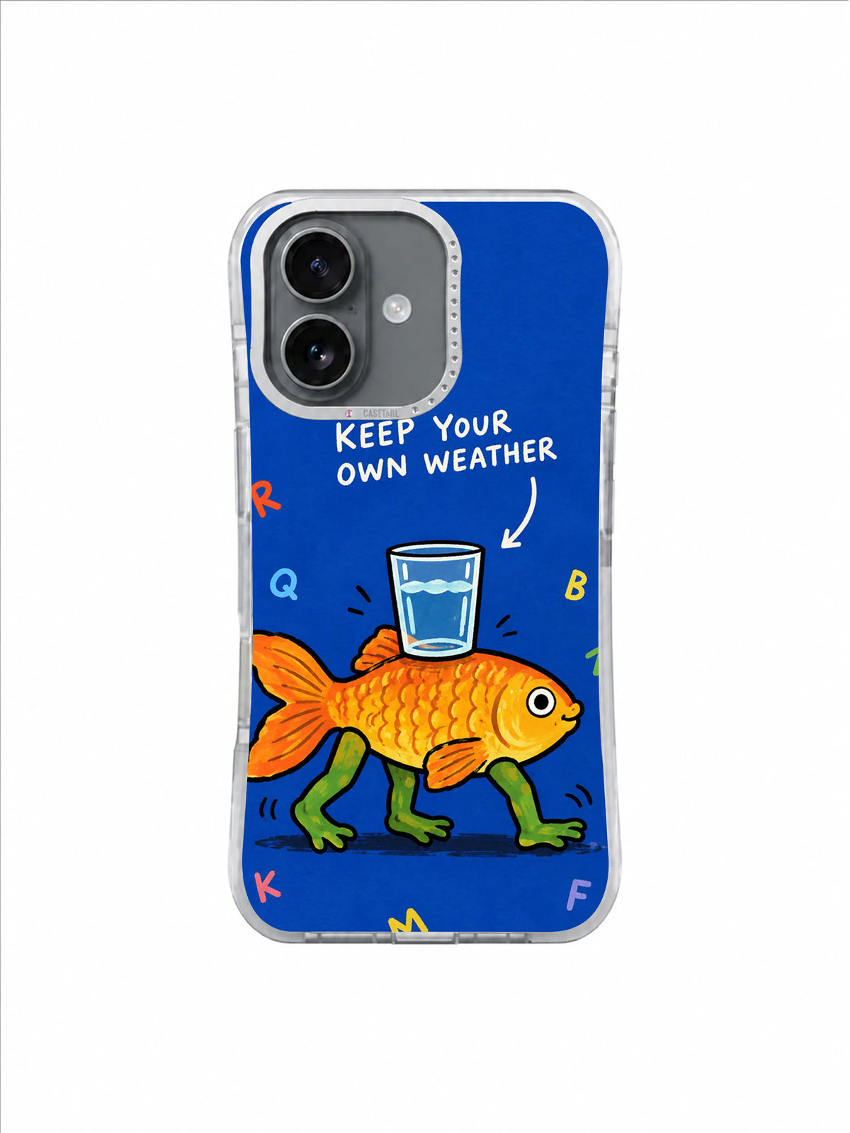 Orange fish with four green legs balancing water glass on blue hand-painted phone case art