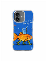 Cropped golden fish with green legs and blue water glass on cobalt phone case artwork
