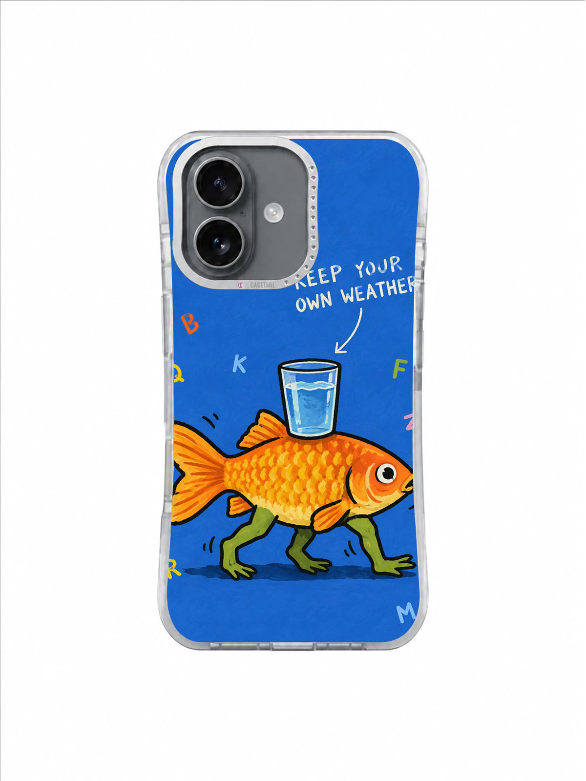 Cropped golden fish with green legs and blue water glass on cobalt phone case artwork