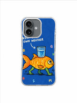 Golden walking fish beneath Keep Your Own Weather lettering on bright blue art phone case