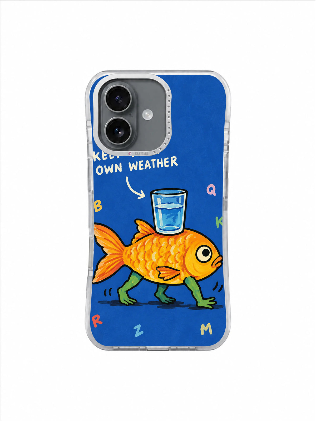 Golden walking fish beneath Keep Your Own Weather lettering on bright blue art phone case