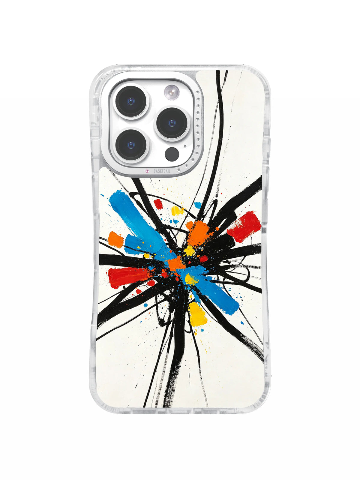 Kinetic red blue yellow abstract iPhone 16 Pro Max case with crystal camera frame