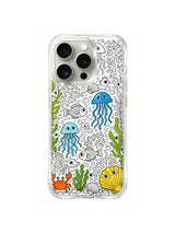 Chatting underwater creatures artwork on an iPhone 15 Pro case