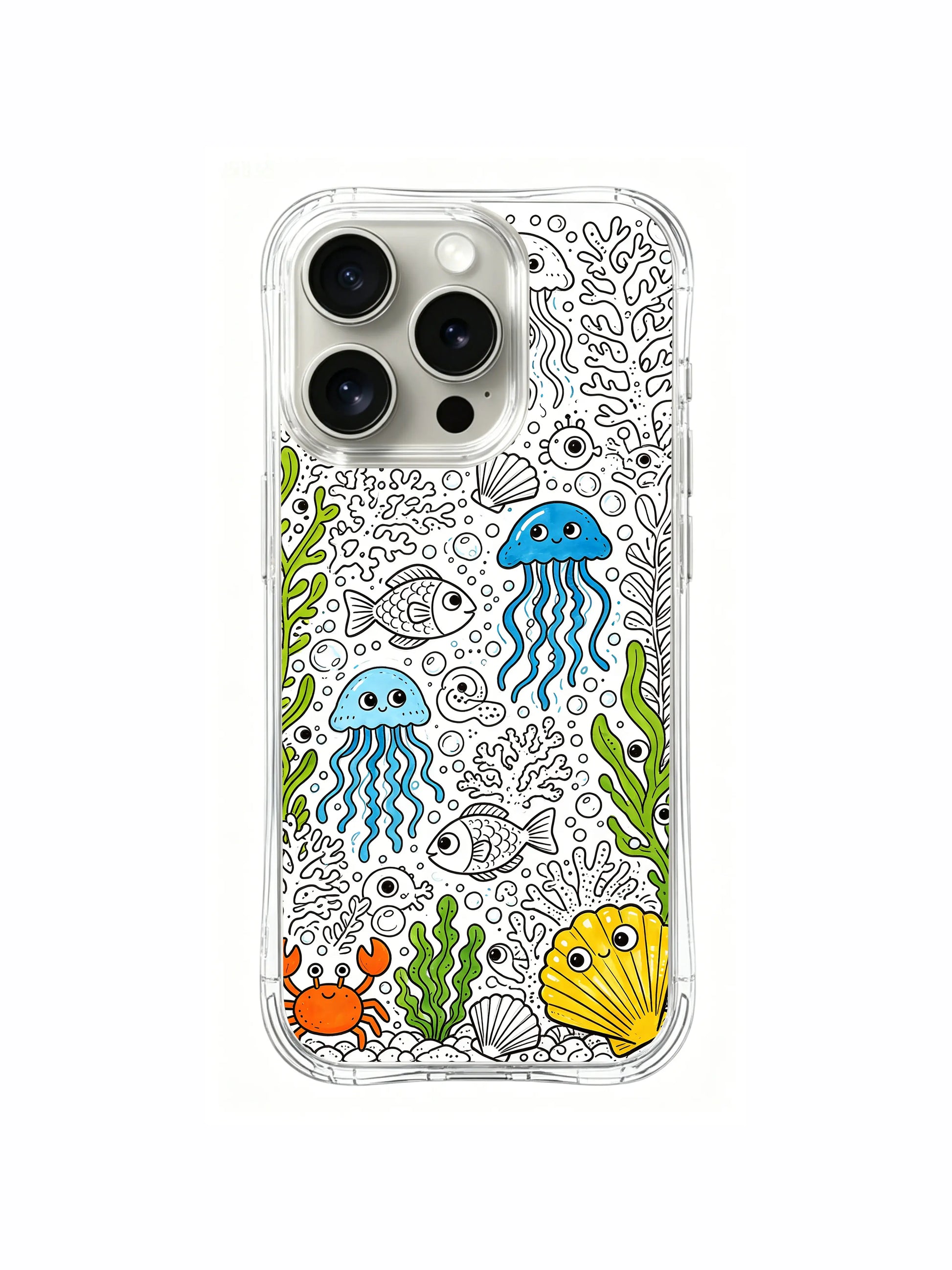 Relaxed chatting underwater residents artwork iPhone 15 pro Case, US-sourced premium phone casing, minimalist doodle art phone cover designed by PhoneCasing.