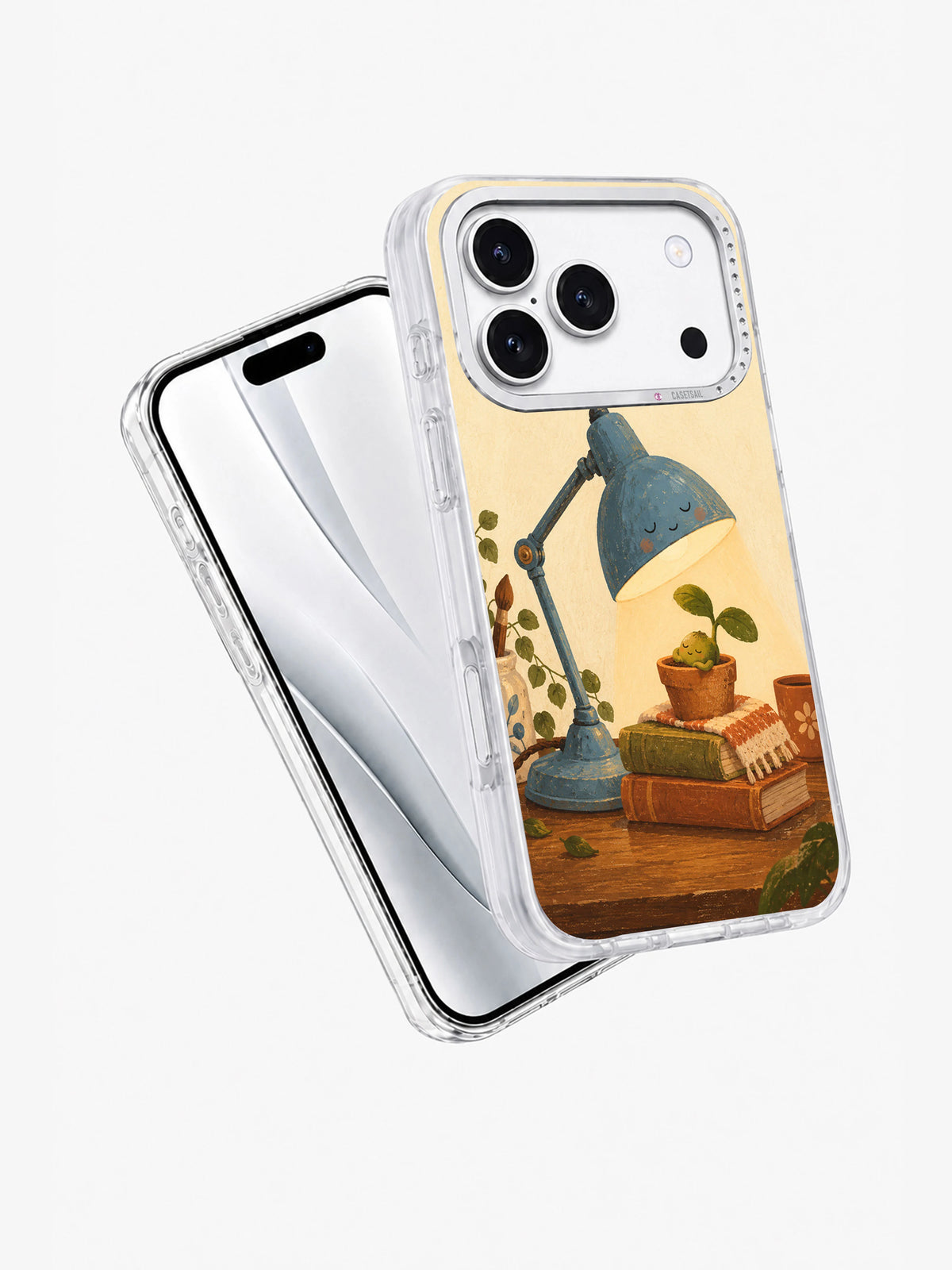 Angled front and back views of a clear iPhone 17 Pro case with lamp and seedling art