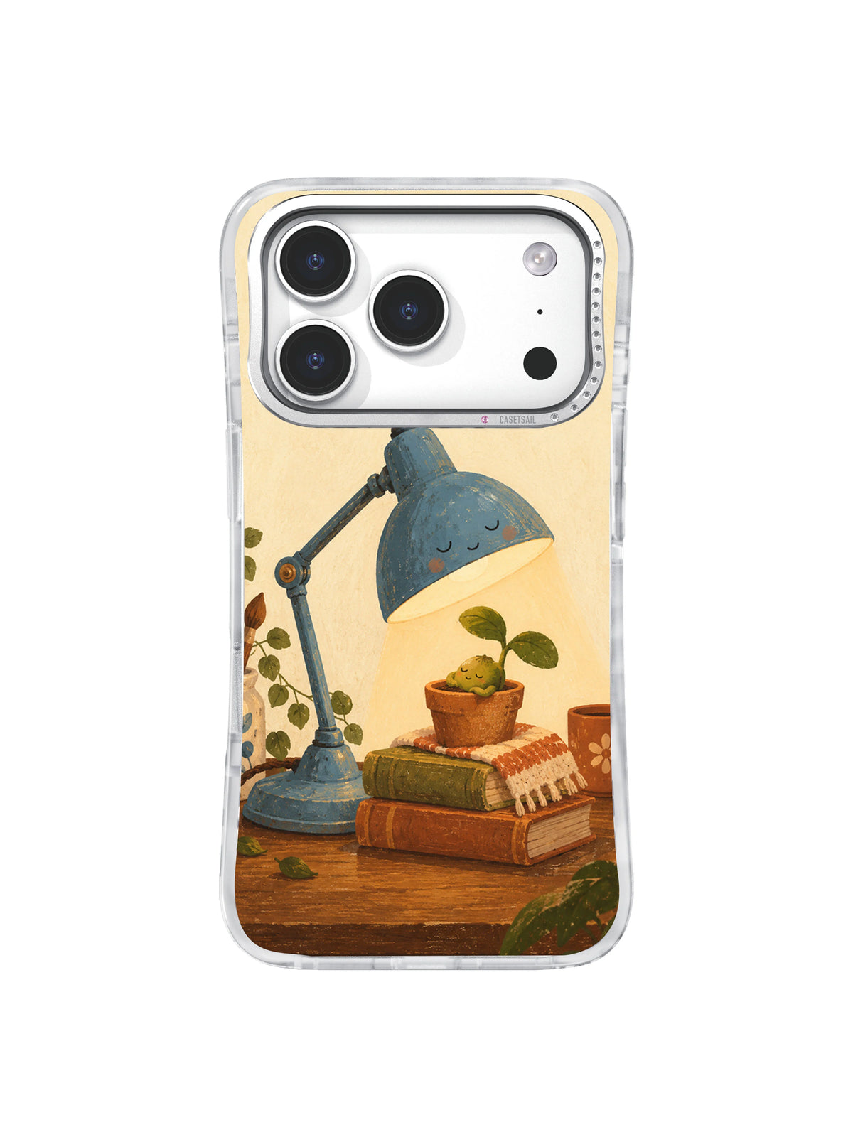 Front view of a clear iPhone 17 Pro case with blue lamp and seedling artwork