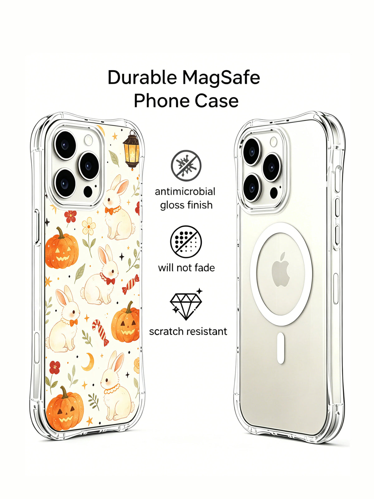 Lantern Bunny Trick Night iPhone 14 Pro case front and clear back views