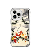 Fox iPhone 15 Pro case with paper lantern, pine-star frame, gifts and snowy path