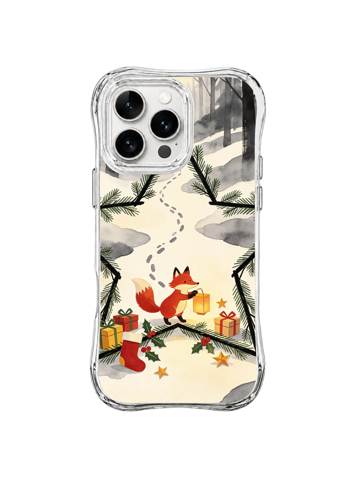 Fox iPhone 15 Pro case with paper lantern, pine-star frame, gifts and snowy path
