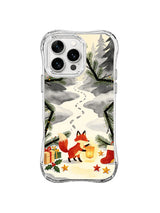 Lantern fox iPhone 15 Pro case with pine branches, wrapped gifts and misty forest trail