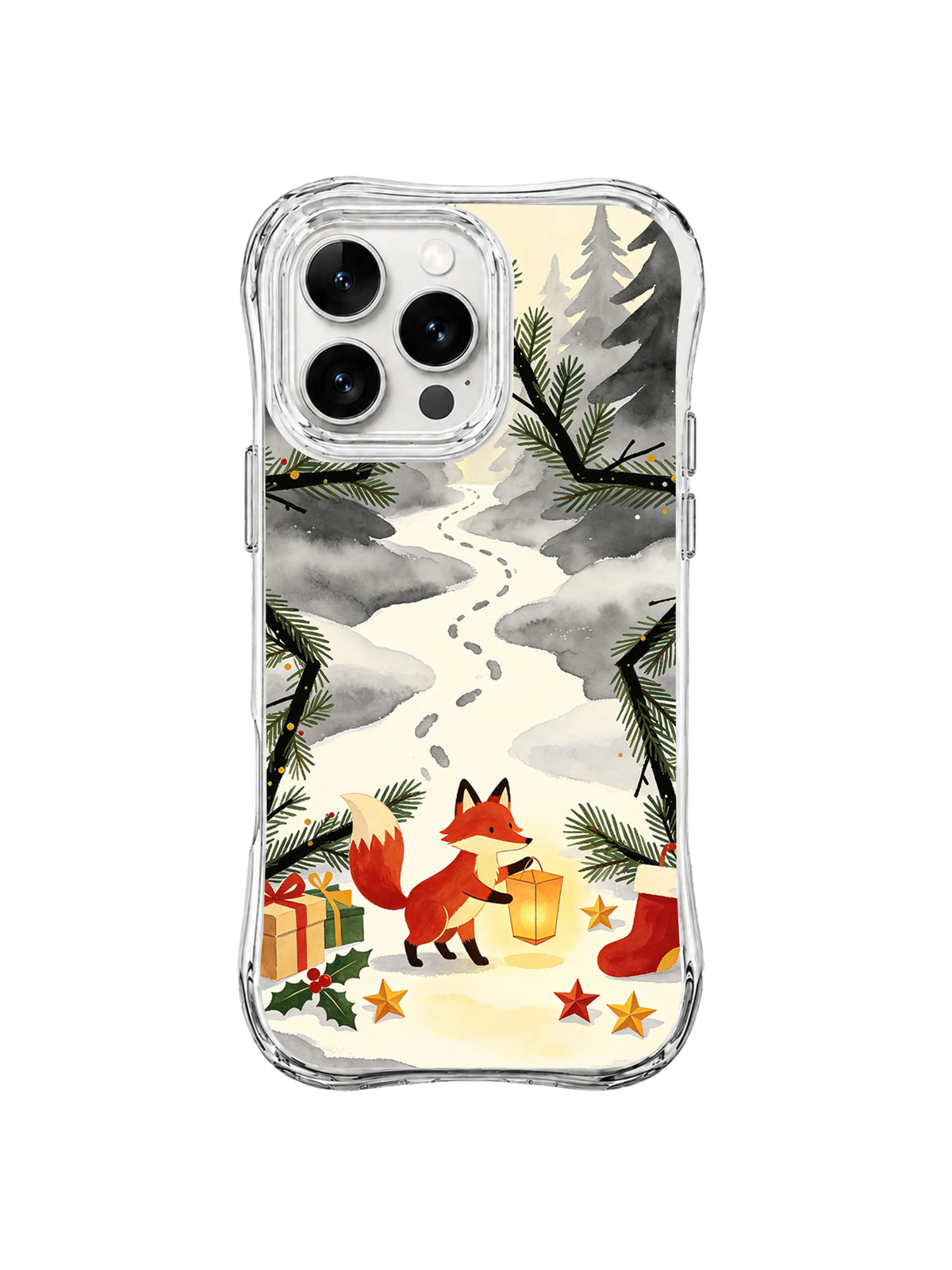 Lantern fox iPhone 15 Pro case with pine branches, wrapped gifts and misty forest trail