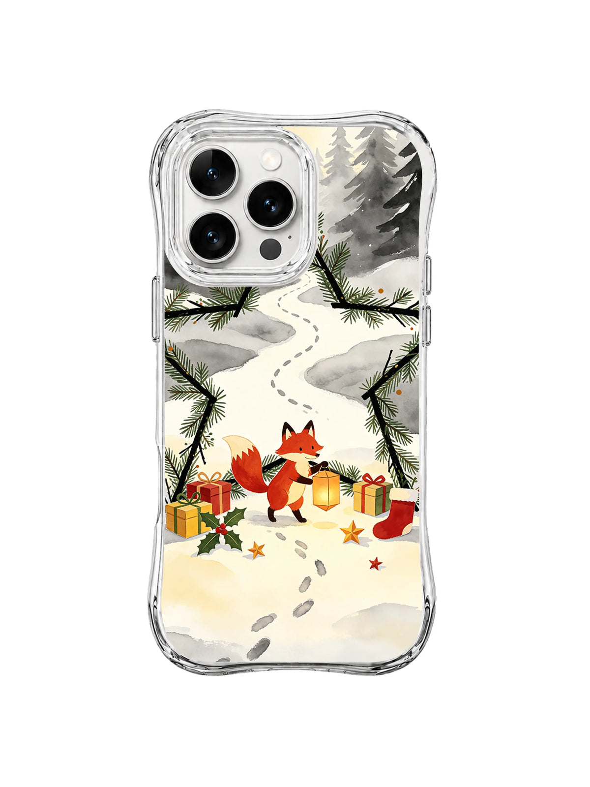 Red fox iPhone 15 Pro case with cream snowbanks, charcoal pines and morning footprints