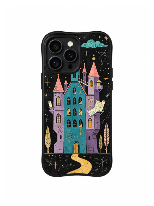 Lavender Academy of Night Maps: A wide teal academy between lavender towers with pink roofs, yellow windows and a small turquoise cloud.