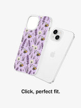 Lavender Bee Dandelion Meadow: case shown separately beside a phone.