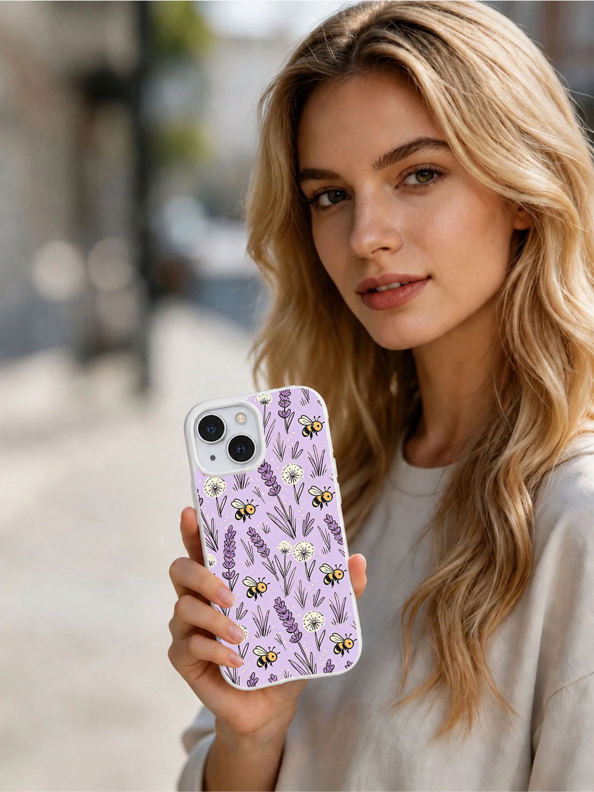 Lavender Bee Dandelion Meadow iPhone 14 Plus case lifestyle view