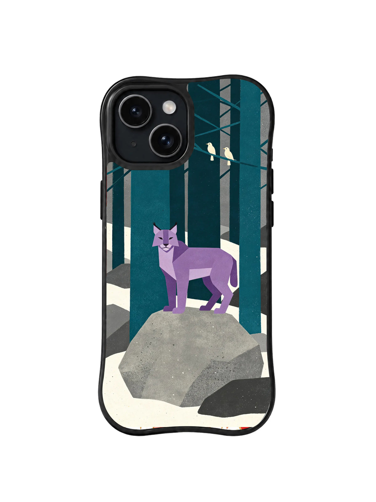 Lavender lynx on a large rock in a deep teal snowy forest, pattern 5, on a black iPhone 13 case