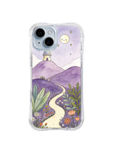 Moonlit Lavender Observatory: A cream path curves through lavender plants toward a hilltop observatory below a smiling moon.