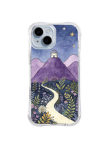 Indigo Starwatch Trail: A pale path crosses dark botanical fields toward an observatory on purple mountains under stars.