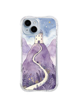Lavender Summit Tower: A bright path climbs a steep purple summit toward a tall observatory beneath small stars.