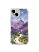 Starlit Moss Observatory Road: A pale road crosses mossy green and lavender fields toward a small observatory under stars.