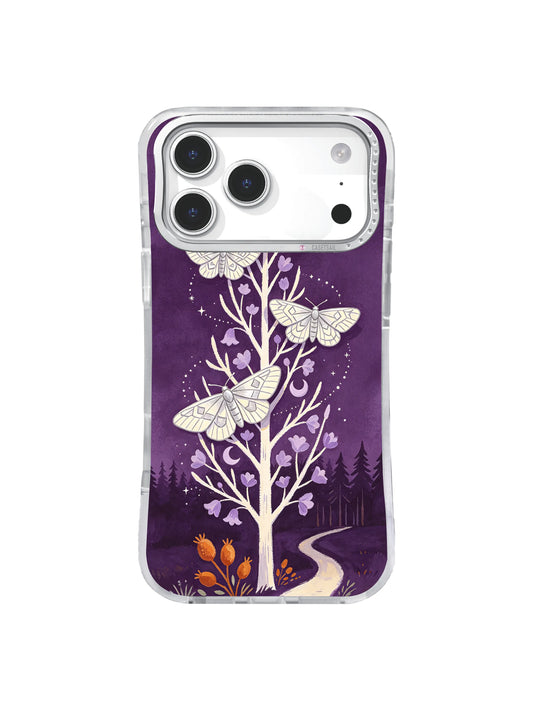 Silver moths circling an ivory winter tree on a plum iPhone 17 Pro case