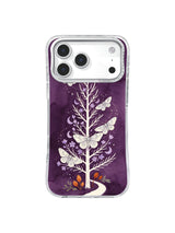 Lavender moon flowers and silver moths on a plum iPhone 17 Pro case