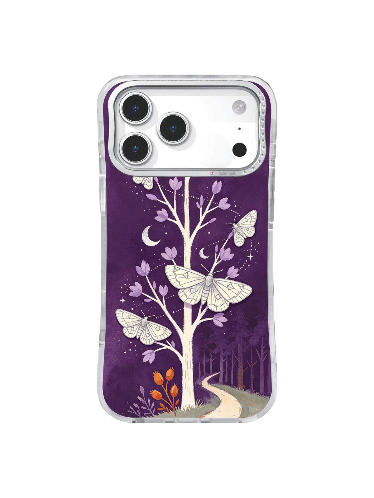 Ivory moths following a curved forest path on a plum iPhone 17 Pro case
