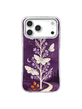 Solstice moth spiral around a slender winter tree on an iPhone 17 Pro case