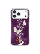 Large silver moths and burnt-orange seed pods on an iPhone 17 Pro case