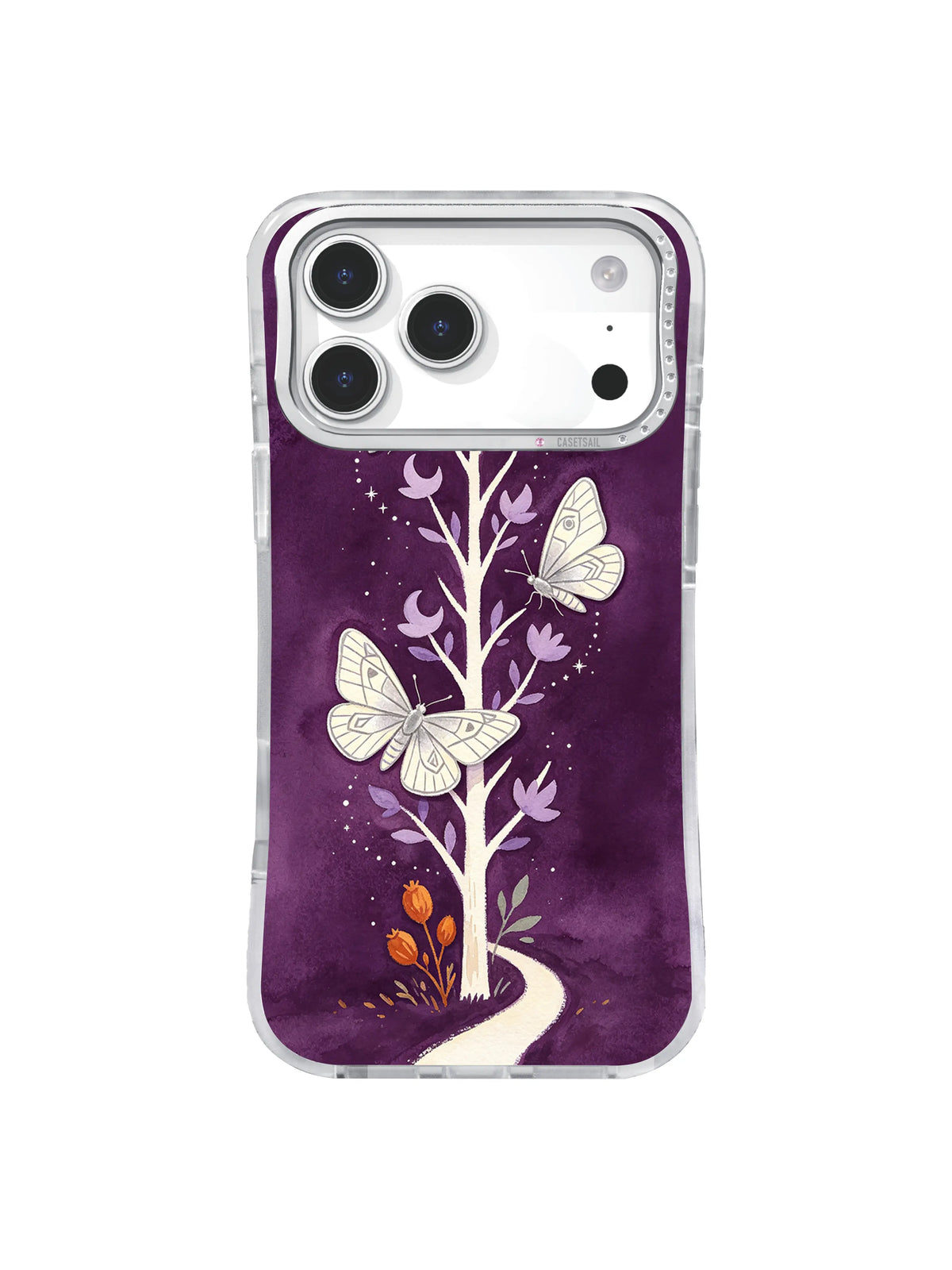 Large silver moths and burnt-orange seed pods on an iPhone 17 Pro case