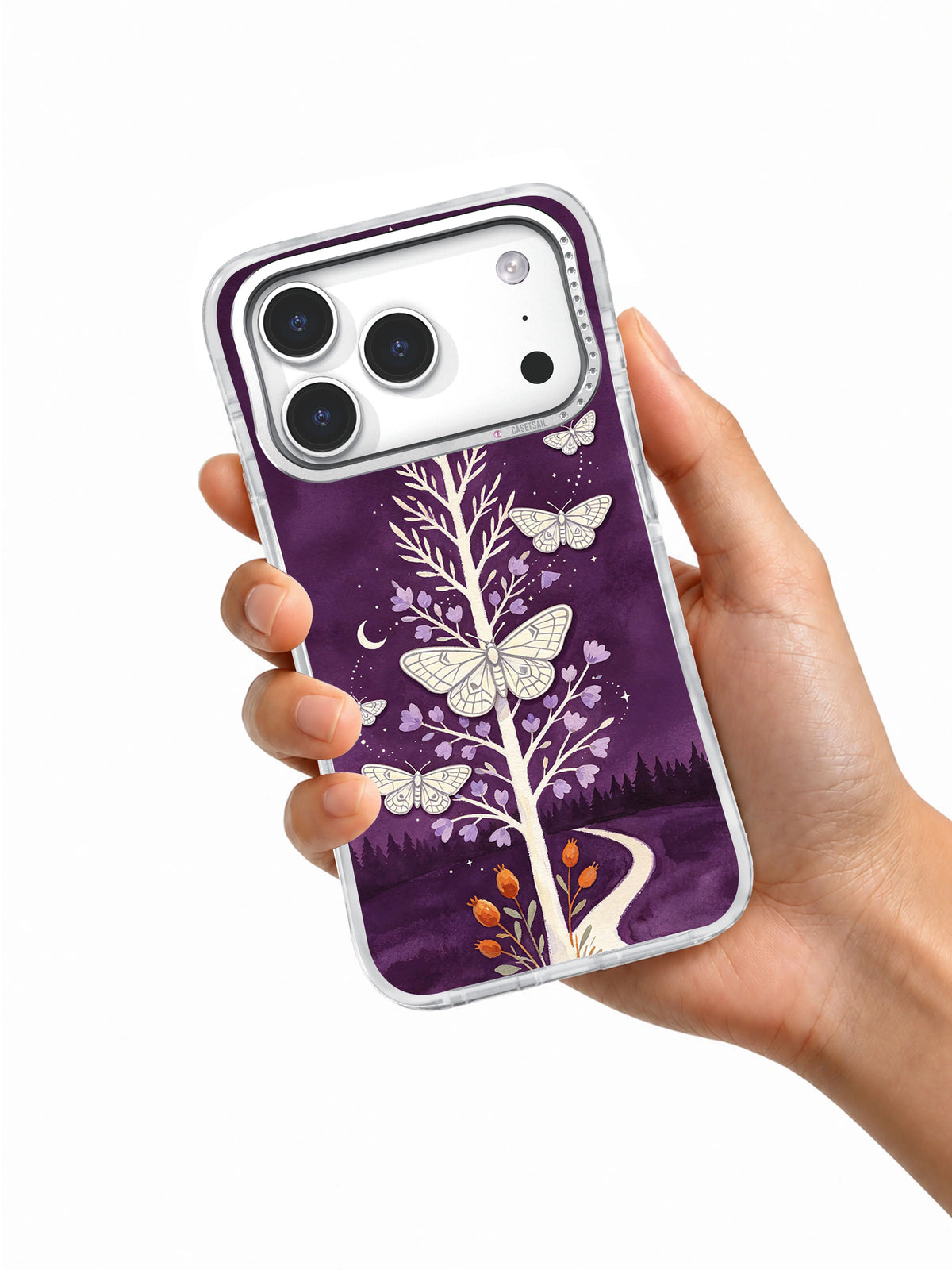 Hand holding the Lavender Solstice Moths iPhone 17 Pro case