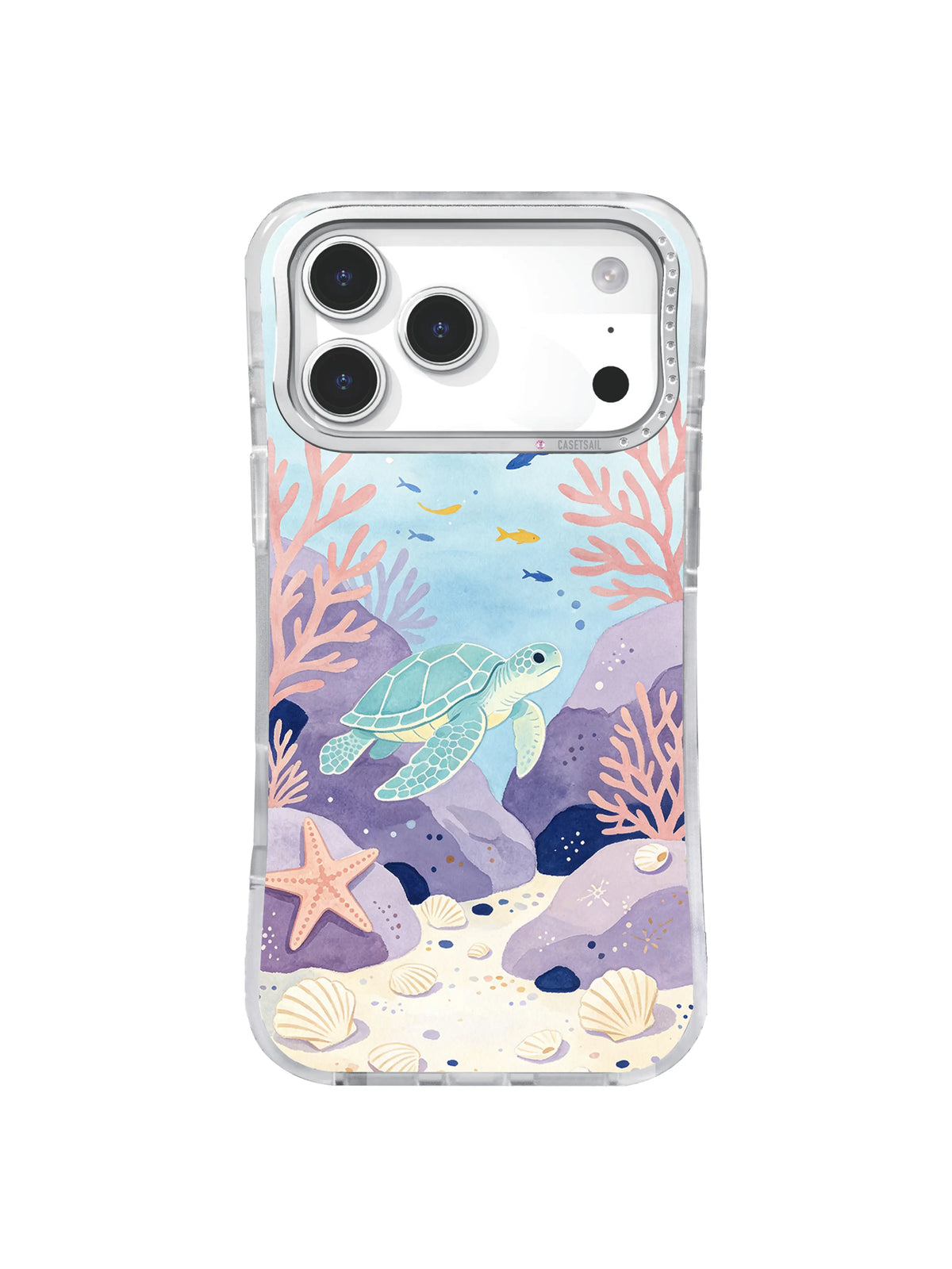 Lavender Tide Pool sea turtle iPhone case pattern with periwinkle rocks, pink coral, and cream shells