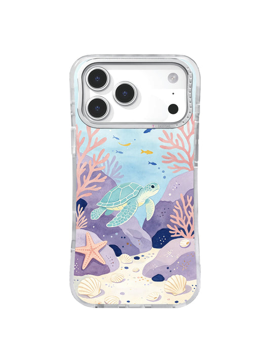 Lavender Tide Pool sea turtle iPhone case pattern with periwinkle rocks, pink coral, and cream shells