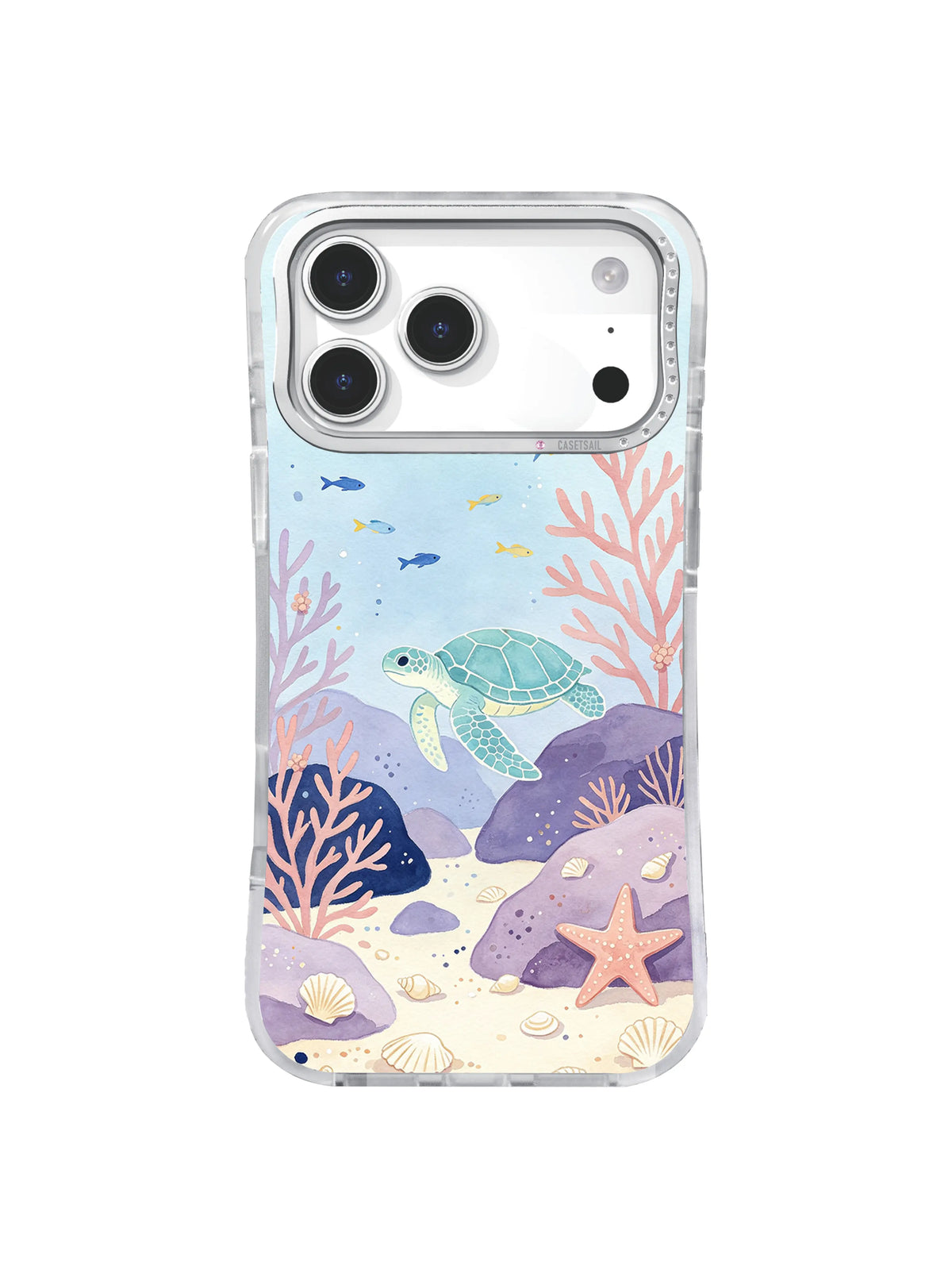 Sea turtle crossing a lavender reef with pastel coral, small fish, and shell-strewn sand