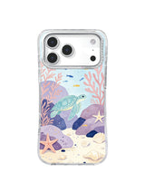 Pale turquoise sea turtle above violet tide-pool rocks, coral branches, starfish, and shells
