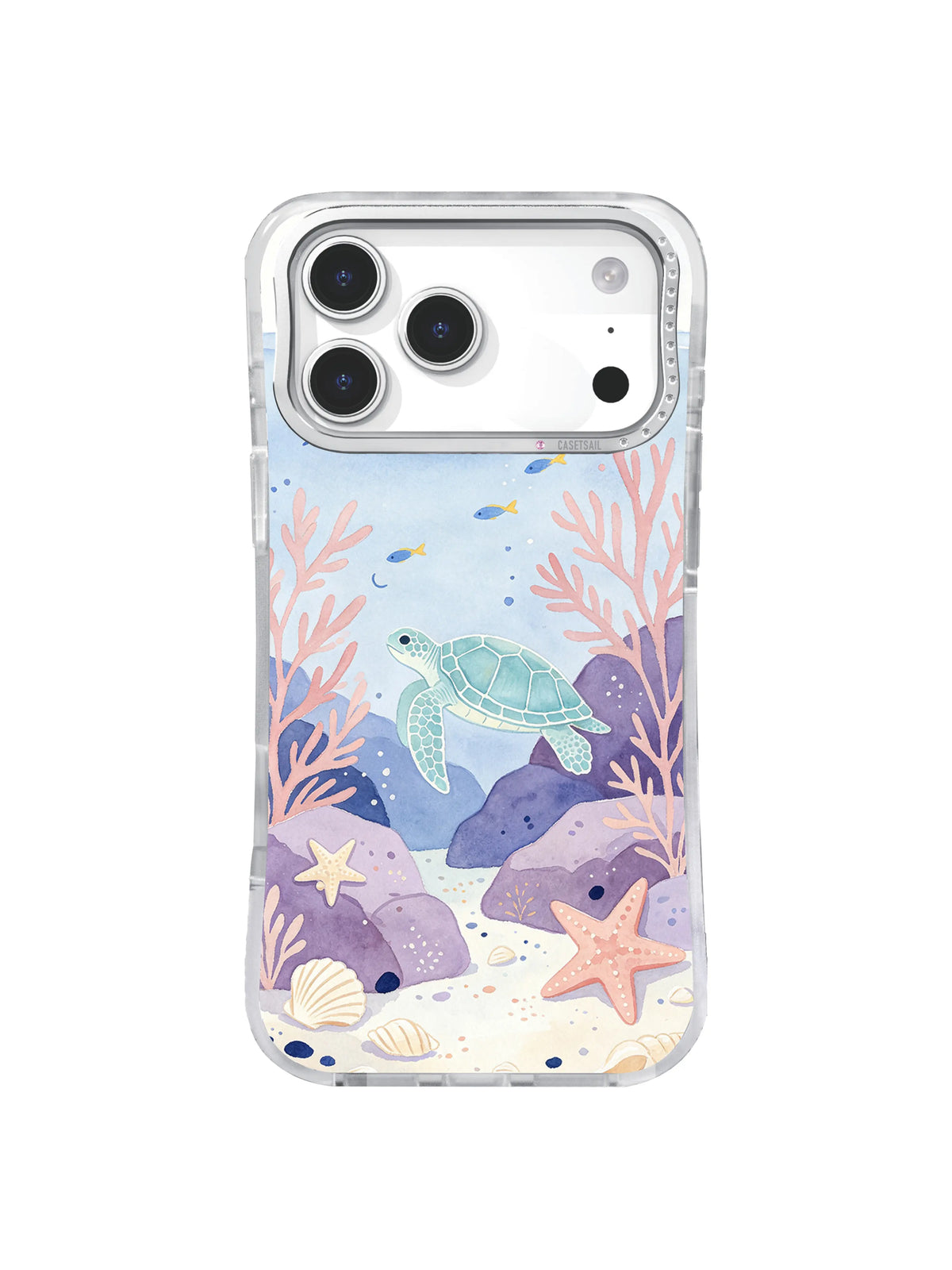Lavender coastal iPhone case art with a swimming sea turtle, starfish, coral, and cobalt reef shapes