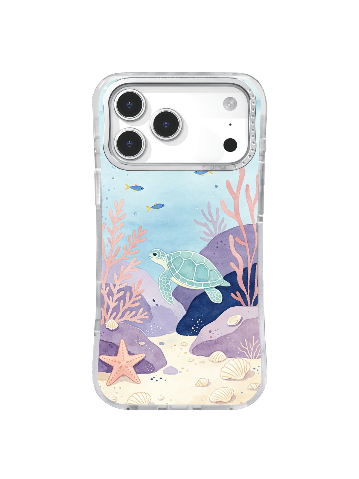 Dreamy sea turtle tide-pool pattern in powder blue, muted rose, lavender, and cream