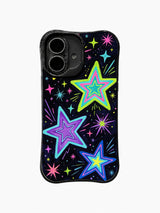 Layered Star Signal: Three large layered cyan, green, purple and yellow stars rise among smaller stars and sparks.