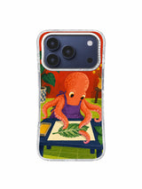 Overlapping leaf-vein impressions beside mustard ink on an iPhone 17 Pro case