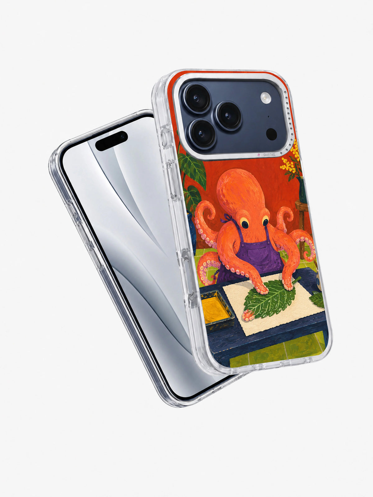 Angled transparent iPhone 17 Pro case with the octopus leaf-print artwork