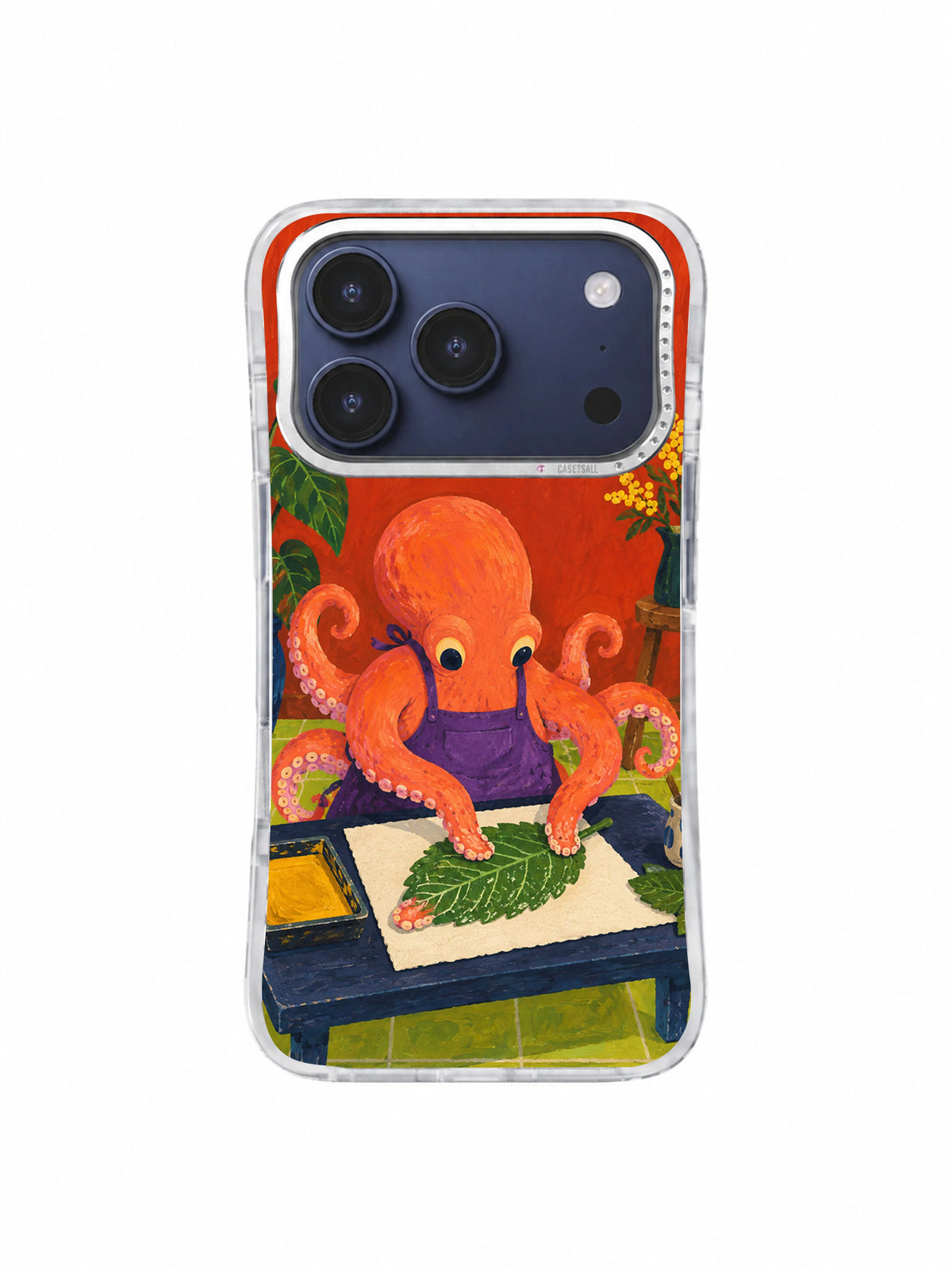 Transparent iPhone 17 Pro case front view with The Leaf Press octopus artwork
