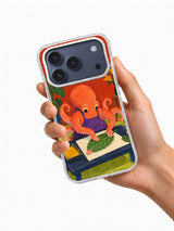 Hand holding a transparent iPhone 17 Pro case with the octopus printmaker artwork