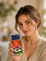 Lifestyle view of The Leaf Press artwork on a transparent iPhone 17 Pro case