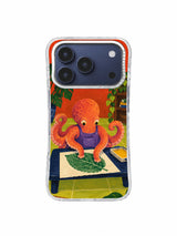 Octopus aligning a giant mint leaf on a navy print table on an iPhone 17 Pro case