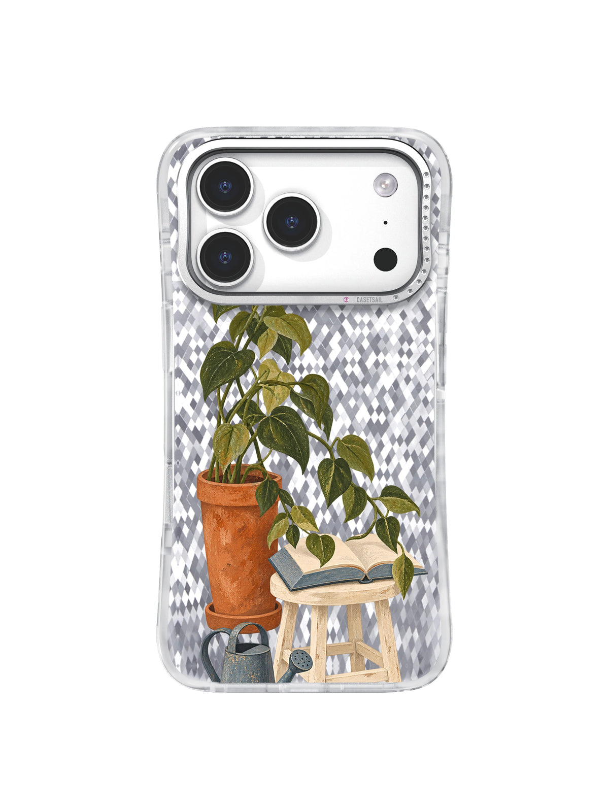 Front view of a clear iPhone 17 Pro case with leafy plant and open book artwork